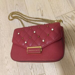 Charles & Keith Burgundy Quilted Crossbody Bag